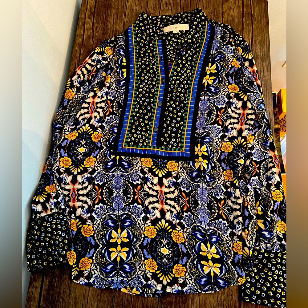 Loft Partial Button Up Patterned Blouse With Butt… - image 1